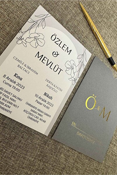 Luna Davetiye Dikdörtgen Zarflı Altın Yaldızlı Düğün Davetiyesi (50 ADET)