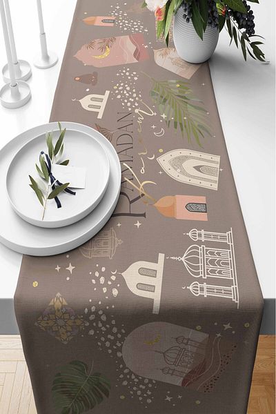 Pilloveland Runner Ramadan Beige Patterned Suede Woven 140*40 Cm Ramadan Kareem