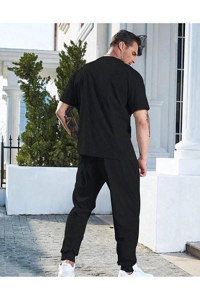 HIRSCH Men's Black Oversize Bird Printed Tracksuit T-shirt Set