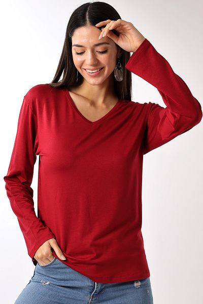 Devinka Tricou de damă cu decolteu în V supradimensionat de bază cu mânecă lungă Roșu Claret