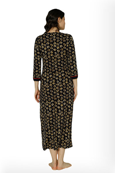 İntensive Women's Black Patterned Three Quarter Sleeve Cotton Dress with Pockets