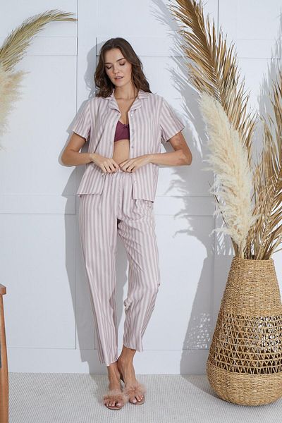 Sevim Women's Short Sleeve Front Buttoned Powder Pajamas Suit C0T2N951