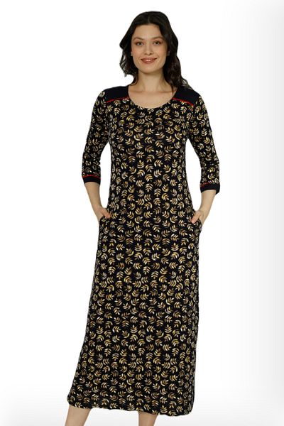 İntensive rochie de damă din bumbac cu mâneci trei sferturi cu imprimeu negru