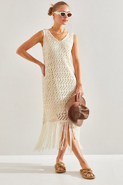 Bianco Lucci Rochie din tricot cu ciucuri, căptușită, pentru femei20246063
