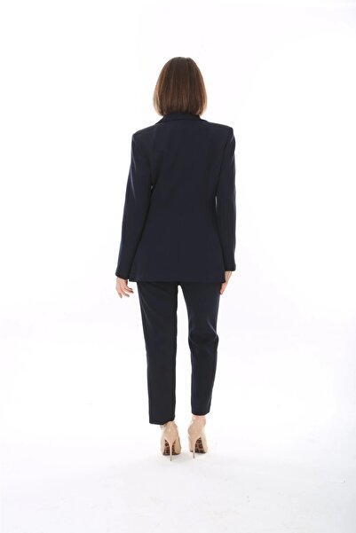 ModaSehle Kadın Düğmeli Blazer Ceket Kemerli Pantolon Dokuma Atlas Kumaş Takım Elbise