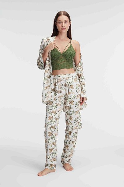 Anıl 5829 Rope Strap V-Neck Women's Floral Patterned Summer Woven Lace Detailed Pajamas Set Dressing Gown