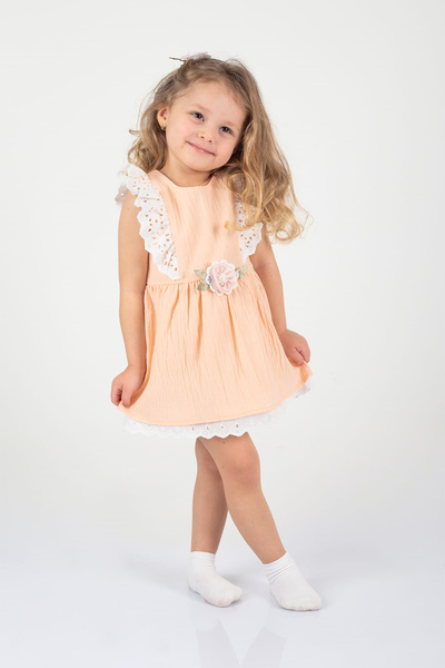 Melekpare Kız Bebek Çocuk Elbise Çiçekli Dantel Detaylı %100 Pamuk Gofre Elbise