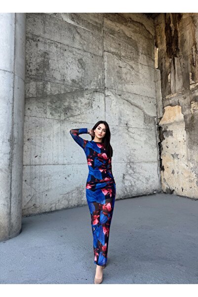 LOVEOFZI Kadın Büzgü Detay Desenli Tül Midi Elbise