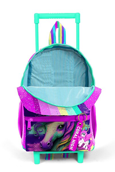Coral High Pink Water Green Unicorn Patterned Small Nest Squeegee Backpack - Two Compartments 24058