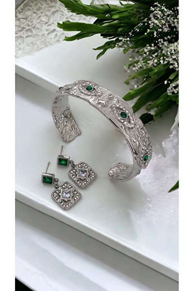 Titanyum Çelik Üzeri 18k Altın Kaplama Malakit Taşlı Vintage Bileklik-küpe Dahil Değildir.
