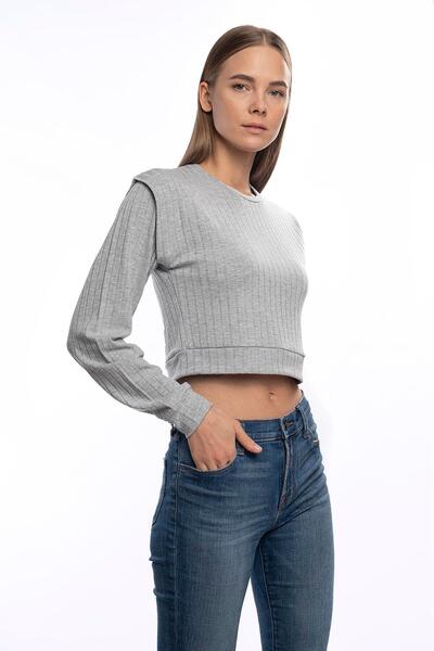 Miss Murem Ribbed Short Sweatshirt-grey?