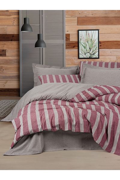Cotton Box Σετ Παπλωματοθήκη με ραβδώσεις Bande Claret Red