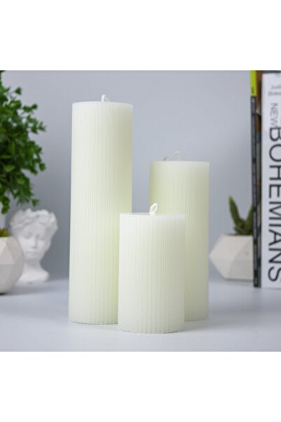 Mument El Yapımı Oluklu Silindir Mum – 3’lü Set – Krem– Uzun Süreli Yanış – D...