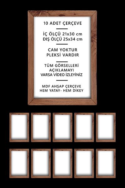 bymat 10 Pieces A4 Frame - Photo and Certificate Frame - 21x30 Frame - Kemençe MDF Frame