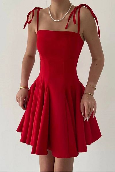 WOMAN VISION Rochie roșie 164 din țesătură Atlas cu tăietură prințesă pentru femei, cu bretele subțiri în față