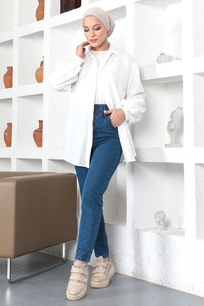 Tesettür Dünyası Rugalmas derekú Mom Jean nadrág Tsd230366 Sötétkék