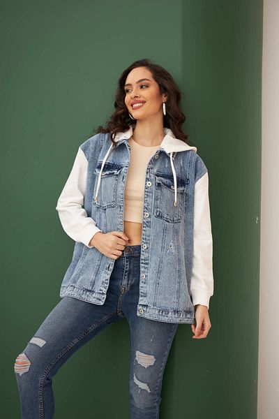 MİA NOURA Denim & Sleeve and Hood Three-String Detailed Pocket Jacket