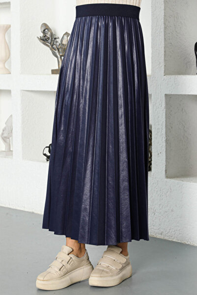 Tesettür Dünyası Δερμάτινη όψη πλισέ φούστα Tsd221001 Navy Blue