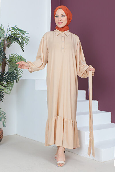Tesettür Dünyası Μπεζ Eta Flounced Burucken Φόρεμα Tsd 230515