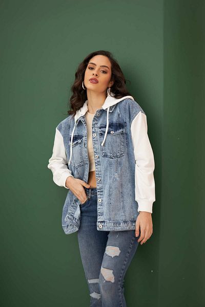MİA NOURA Denim & Sleeve and Hood Three-String Detailed Pocket Jacket