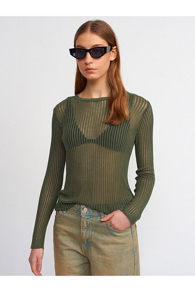 Dilvin 10478 Faded Effect Crew Neck Transparent Sweater-khaki