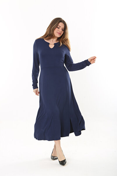 Şans Women's Large Size Navy Blue Kiss Collar Long Sleeve Dress 65N37558