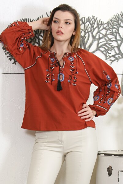 Chiccy Orange Bottom Britli Collar Balloon Sleeve Tied Collar and Sleeve Embroidered Woven Casual Blouse