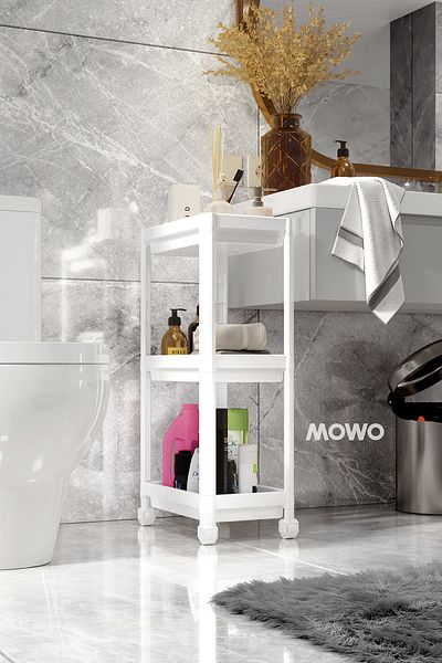 Mowo Home 3-Tier Organizer Shelf with Wheels White, Bathroom Cabinet, Kitchen Shelf, Organizer, Organizer Shelf