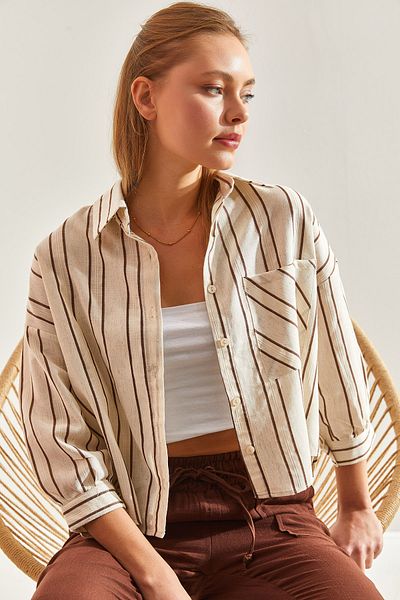 Bianco Lucci Women's Striped Single Pocket Linen Shirt60171031