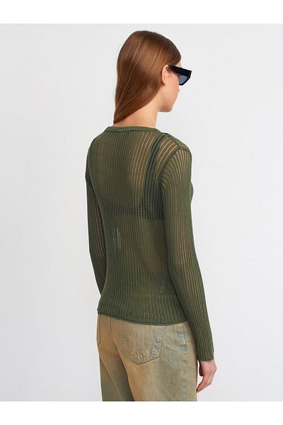 Dilvin 10478 Faded Effect Crew Neck Transparent Sweater-khaki