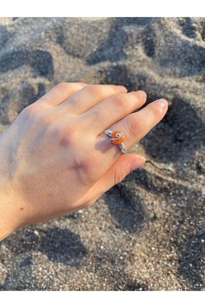 İDE TAKI TASARIMM Natural Stone Handmade - Agate and Crumb Ring Adjustable