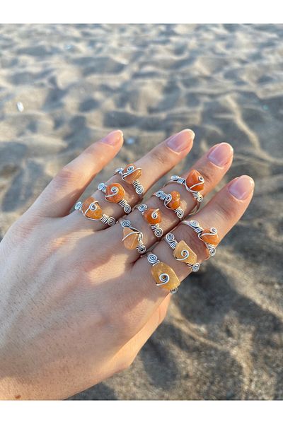 İDE TAKI TASARIMM Natural Stone Handmade - Agate and Crumb Ring Adjustable