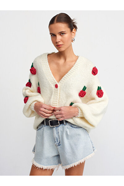 Dilvin 60215 Cardigan cu mâneci cu balon brodat trandafir-Ecru