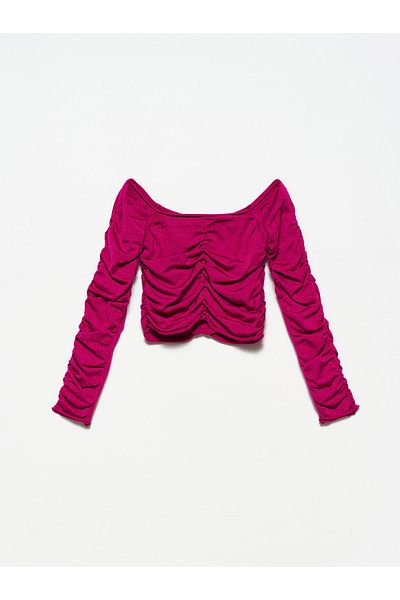 Dilvin 10201 Schulterfreier, geraffter Pullover – Himbeere
