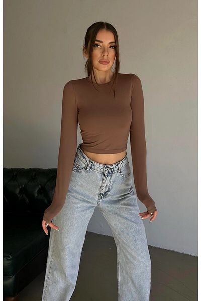 Panku Bizu Design Store Alizée Crew Neck Brown Silk Jersey Crop Bodysuit