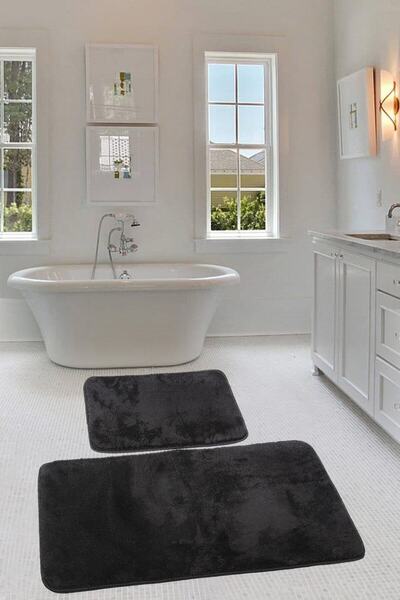 AVANTAJ Relax Siyah 2'li Peluş Banyo Paspası Halısı Modern Kaymaz Taban Kloze...