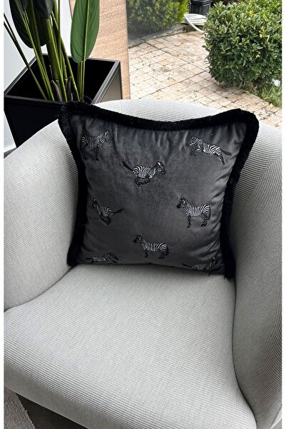 ge living Zebra Desenli Yastık Kılıfı  Dekoratif Parlak Gri Kadife Kırlent