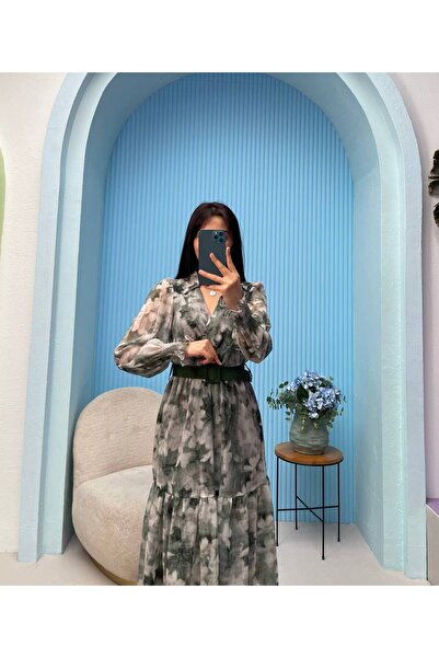 GİYSİ DÜNYASI CHIFFON FABRIC CROUVASE COLLAR LONG SLEEVE BELT DETAIL MIDI LENGTH DRESS