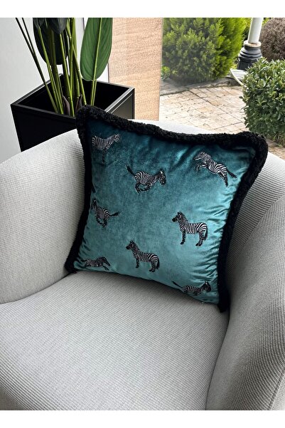 ge living Turkuaz Zebra Islemeli Kadife Kirlent Kilifi