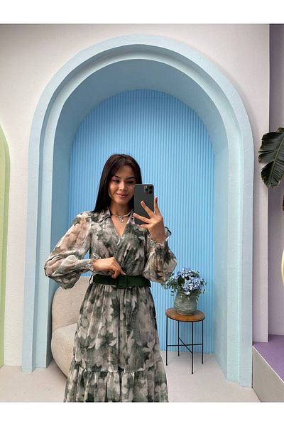 GİYSİ DÜNYASI CHIFFON FABRIC CROUVASE COLLAR LONG SLEEVE BELT DETAIL MIDI LENGTH DRESS