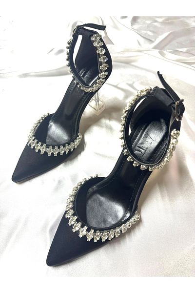 TrendyAnka Lady Satin Black Crystal Jewelled 8 Cm Transparent Heeled Pointed Toe Evening Dress Shoes