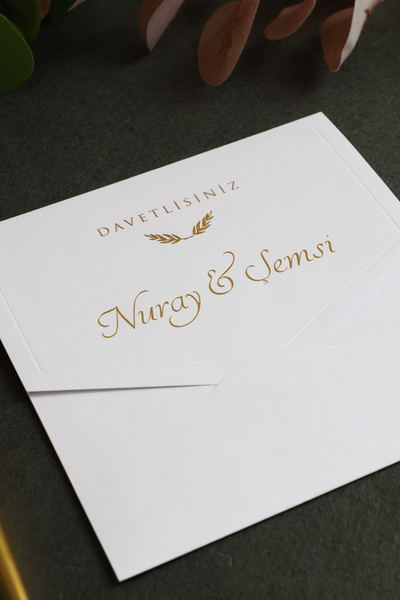 Pixel Davetiye Beyaz - 50 Adet Düğün Davetiye Altın Yaldızlı - Düğün - Nişan - Kına Sünnet Davetiyesi