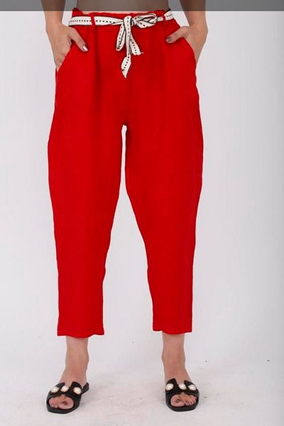 AYASOFYA OTANTIK Women's Italian Red Elastic Waist Belt Detailed Carrot Linen Trousers