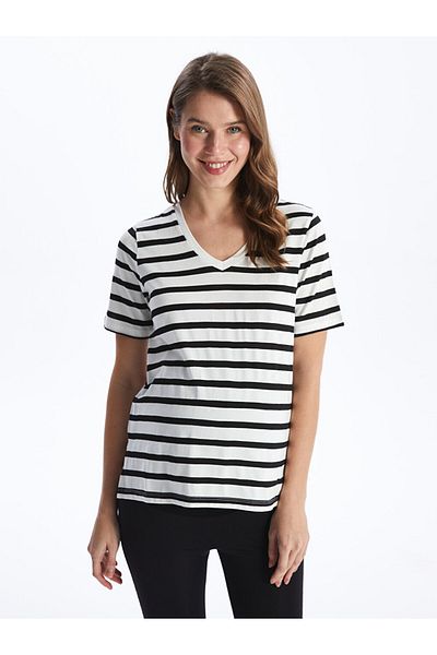 LC Waikiki Gestreiftes, kurzärmliges Umstands-T-Shirt mit V-Ausschnitt