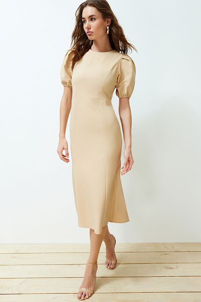 Trendyol Collection Stone Body Wrap Balloon Sleeve Midi Woven Dress TWOSS24EL00502