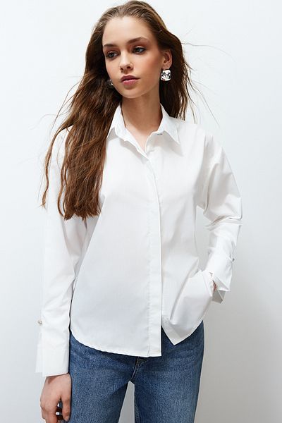 Trendyol Collection Ecru Jewelled Buttoned Shirt - Regular Fit, Woven, TWOSS24GO00102