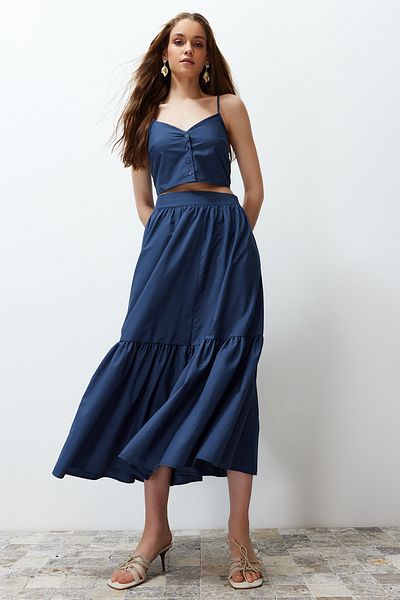 Trendyol Collection Indigó pamut maxi szoknya - kiszélesedő szőtt, TWOSS24ET00059