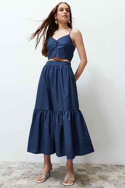 Trendyol Collection Indigó pamut maxi szoknya - kiszélesedő szőtt, TWOSS24ET00059