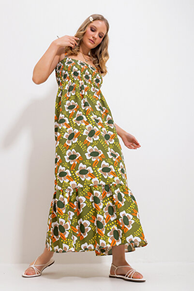 Trend Alaçatı Stili Γυναικεία φούστα με λουράκι χακί με φλοράλ μοτίβο ελαστικό υφαντό φόρεμα Alc-X11734