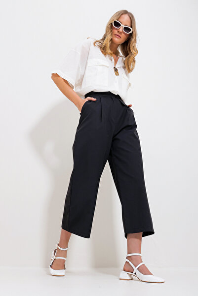 Trend Alaçatı Stili Kadın Siyah Çift Cepli Palazzo Dokuma Pantolon Alc-X11717